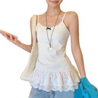 Women's Slim Fit Lace Ruffle Hem Camisole with White Bow XL white