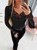 Solid Cuff And Collar Lace Trim Rhinestone Decor Long Sleeve T Shirt Top Women Fashion Daily Basic Office Lady Casual Slim Fit Ladies Elegant Top XXL brown