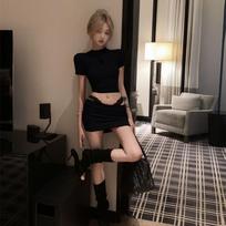 Secret Drawer Fashion Wear Spice Girl Slim Fit Pure Desire Black Front Shoulder Short Sleeve Low Waist Fun Hip Bag Skirt One size fits all beige