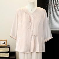 Stylish Summer V-Neck Top & Wide-Leg Pants Set for Moms, Mid-Age Women's Chinese Style 4XL (135-150 jin) white
