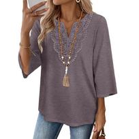 Women's V Neck Lace Patchwork 3/4 Sleeve Casual Blouse Loose Solid Color Tunic Top XL gray