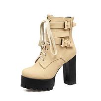 Cross2026 European Chunky Heel Martin Boots - Thick Sole Lace-up, Belt Buckle, Super High Heel, Waterproof Platform Women's Boots, Sizes 34-48. 34
