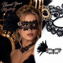Lace with Feather Trim and Gold Foil Design for Halloween Masquerade Ball Party Prop One Size