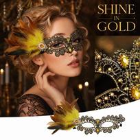 Lace with Feather Trim and Gold Foil Design for Halloween Masquerade Ball Party Prop One Size