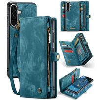 (Blue) Case for Samsung Galaxy A56 5g Strong Magnetic Tpu Pc Handmade Leather Zipper Wallet Cover Trifold with Detachable Card Holder