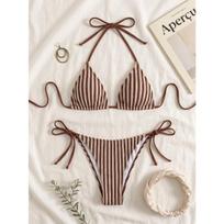 2026 European and American New Striped Printed Lace-up Neck Amazon Bikini Backless Split Swimsuit L ruda