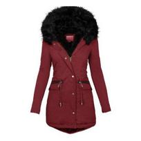 Ilga žieminė striukė moterims Su vilnos pamušalu Šilta pūkinė striukė Su gobtuvu Storesnė Parka Viršutinis drabužis Su kišenėmis Ir dirbtinio kailio gobtuvu 2XL vyno raudonos spalvos