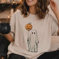 Comfort Colors® Cute Ghost Holding Pumpkin Balloon Shirt, Vintage Halloween Tee, Cute Scary Ghost Shirt, Fall Ghost Shirt L