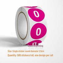 Lipnūs apvalūs skaičių lipdukai 1-33 – Spalvoti serijiniai identifikavimo lipdukų ritinėlis 0; Diameter 2.5cm, 500 stickers/roll