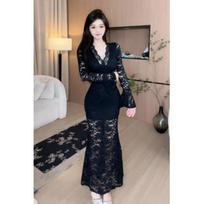 Sexy pure desire V-neck lace unique chic long-sleeved dress women's autumn and winter new slim and thin hip-wrapped dress XL black