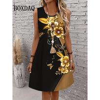 Women Bohemia Floral Print Dresses Summer Retro Sleeveless Vest Loose Dress Casual Sundress Flowers Print Short Dress Vestidos S gray
