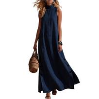 Sleeveless High Neck Maxi Dress with Side Button Detailing Loose Fit Long Dress Casual Summer Style for Women S black