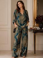 European and American linen V-neck long-sleeved lazy high-waisted wide-leg pants two-piece set women's TK SHEIN M brown
