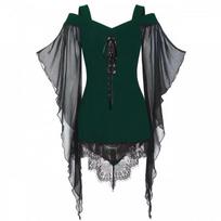Gothic Lace Trim Bell Sleeve Chiffon Blouse with Tie-Up Design M gray