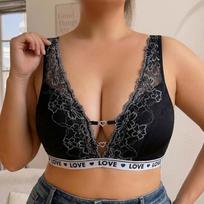 European‑American Sexy Lace Trim Plus‑Size Bra Thin Breathable Beauty‑Back Comfort Base Layer Women Lingerie 4XL juoda