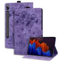 Galaxy Tab S11 Ultra 14,6 colio apverčiamas dėklas su vyšnių žiedų katės įspaudu, TPU dėklas, stovas TAB S11 Ultra 14.6 2025 violetinė