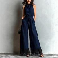 2026 Womens Elegant Sleeveless Halter Top With Lace Tie Wide-Leg Jumpsuit High-Waisted Loose Fit Casual Chic XL