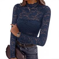 Women's Color Lace Cutout Turtleneck Long Sleeve Top High Neck Layering Blouse XXL