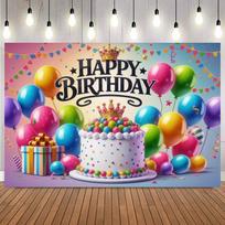 Happy Birthday Cake Party Decoration Backdrop Multi-color Balloon Ribbon Family Theme Poster Photo Studio Photography Background13 118×59inch/300*150cm