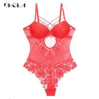 DKGEA Fashion Underwear Women Jumpsuit Lace Embroidery Sexy Bodysuit 75B red