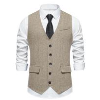 Cozy Up Men's Herringbone Tweed Suit Vest Casual Wool Blend Waistcoat Sleeveless Jacket XL chaki