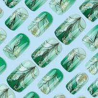 24Pcs Short Square Press On Nails, Green & Gold Leaf Design Full Cover Acrylic False Nails with Glue United States blue