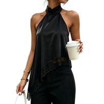 Women's Satin Halter Neck Sleeveless Top with Lace Trim Asymmetric Hemline Lightweight Blouse for Casual and Formal Wear M juoda