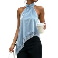Women's Satin Halter Neck Sleeveless Top with Lace Trim Asymmetric Hemline Lightweight Blouse for Casual and Formal Wear S gray