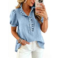 Women's Lace Denim Top - Fashionable Denim Blouse with Lace Trim for Casual Outfits S gray