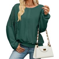 Women's Lace Panel Long Sleeve Blouse Round Neck Casual Loose Solid Color Pullover Top XL black