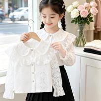Girls Lace Doll Collar Long Sleeve White Blouse Kids Elegant Ruffled Button Shirt 150cm beige