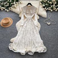 French court style lace dress women's long-sleeved high-waisted strap waist A-word long dress elegant niche autumn M gray