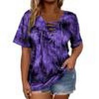 Casual Tie-Dye Lace-Up Front Top with Short Sleeves XXXXXL blue