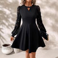 Women's Black Round Neck Dress Lace Patchwork Long Lantern Sleeve High Waist A-Line Swing Dress Elegant Fall Party Mini Dress XL