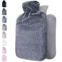 2L Hot Water Bottle with Soft Plush Cover, Water Bag for Menstrual Cramps, Back Neck Shoulder Pain Relief & Bed Warming juoda/pilka spalva