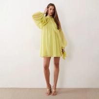 Women Halter Off Shoulder Puff Sleeve Lace Up Loose Short Chiffon Dress S geltona
