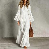 Women's Vintage Bohemian Lace Patchwork Dress for Summer Vacation Beach L