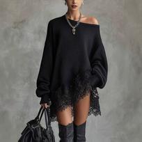 Women's Sleeve Lace Panel Dress with Asymmetric Neckline for Casual Party Wear M