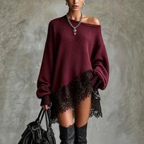 Women's Sleeve Lace Panel Dress with Asymmetric Neckline for Casual Party Wear L brown