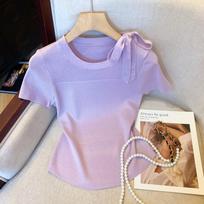 Real shot mesh short-sleeved bow knitted sweater women's summer slim-fitting and thin pure desire sweater top L violetinė