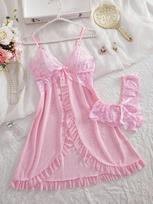 European & American Style Plus Size Red Lace Short Sleeve Nightgown XL pink