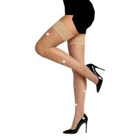 Lace Top Thigh High Fishnet Stockings with Light-Reflective Mesh and Silicone Grip for Party Costume Stage Wear beige