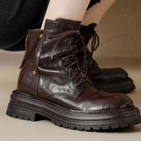 New Lace up Women's Boots Spring Autumn Round Head Solid Color Middle Heel Waterproof Commuting British Boots 38 brown
