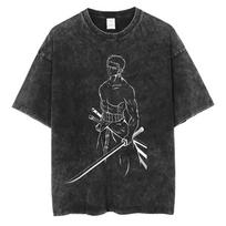 2026 Anime ONE PIECE Zoro Printed T-shirt Men's and Women's Washed T-shirt High Quality Vintage Cotton T-shirt Harajuku Y2K Top M black