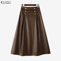 ZANZEA Autumn Winter Women Side Zip-up High Waist Casual  Leather PU A-line Pleated Swing Skirts Dress S