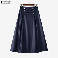 ZANZEA Autumn Winter Women Side Zip-up High Waist Casual  Leather PU A-line Pleated Swing Skirts Dress 4XL black