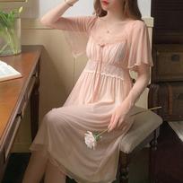 Lace Lace Nightdress Women'S Summer Sweet Straps Bow With Chest Pad Can Be Worn Outside Pure Desire Wind Mesh Nightdress 2XL beige