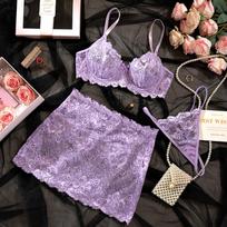 European and American Women’s Light Purple Lace Bow Lingerie Set, Bra, Mini Skirt and Thong Set Sexy Elegant and Comfortable Intimate Wear L