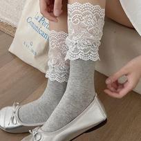 1Pair Solid Color Knee-high Socks Lace Edge Foot Warmers Y2K Boot Socks  Girl gray
