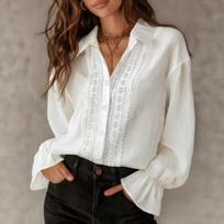 Women's Solid Color Lapel Single Breasted Lace Splicing Long Sleeve Solid Color Versatile Shirt XL white